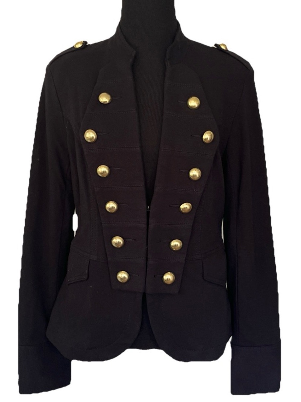 Black Military-Style Blazer Jacket Napoleonic Gold Tone Buttons Stretchy Knit M